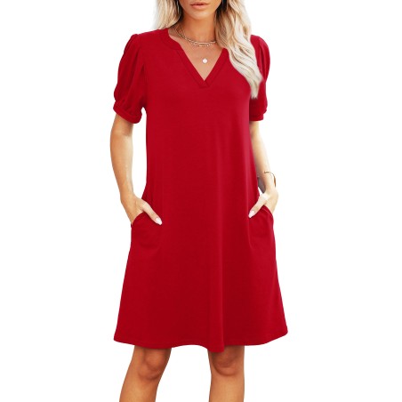 V-Neck Summer Casual Sundress for Women- Puff Short Sleeve Swing Beach Dress with Pockets