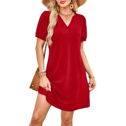 V-Neck Summer Casual Sundress for Women- Puff Short Sleeve Swing Beach Dress with Pockets