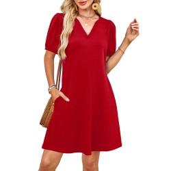 V-Neck Summer Casual Sundress for Women- Puff Short Sleeve Swing Beach Dress with Pockets