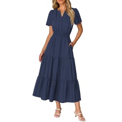 Women Casual Midi Maxi Dresses Short Sleeve V Neck Elastic Waist Vacation Dress Pockets（S-2XL