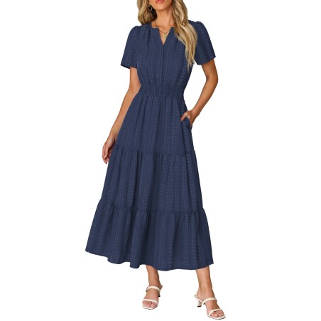 Women Casual Midi Maxi Dresses Short Sleeve V Neck Elastic Waist Vacation Dress Pockets（S-2XL