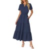 Women Casual Midi Maxi Dresses Short Sleeve V Neck Elastic Waist Vacation Dress Pockets（S-2XL