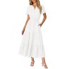 Women Casual Midi Maxi Dresses Short Sleeve V Neck Elastic Waist Vacation Dress Pockets（S-2XL