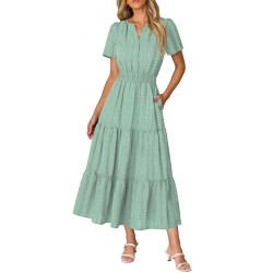 Women Casual Midi Maxi Dresses Short Sleeve V Neck Elastic Waist Vacation Dress Pockets（S-2XL