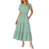 Women Casual Midi Maxi Dresses Short Sleeve V Neck Elastic Waist Vacation Dress Pockets（S-2XL