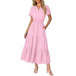 Women Casual Midi Maxi Dresses Short Sleeve V Neck Elastic Waist Vacation Dress Pockets（S-2XL