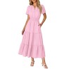 Women Casual Midi Maxi Dresses Short Sleeve V Neck Elastic Waist Vacation Dress Pockets（S-2XL