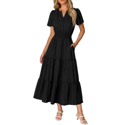 Women Casual Midi Maxi Dresses Short Sleeve V Neck Elastic Waist Vacation Dress Pockets（S-2XL