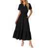 Women Casual Midi Maxi Dresses Short Sleeve V Neck Elastic Waist Vacation Dress Pockets（S-2XL